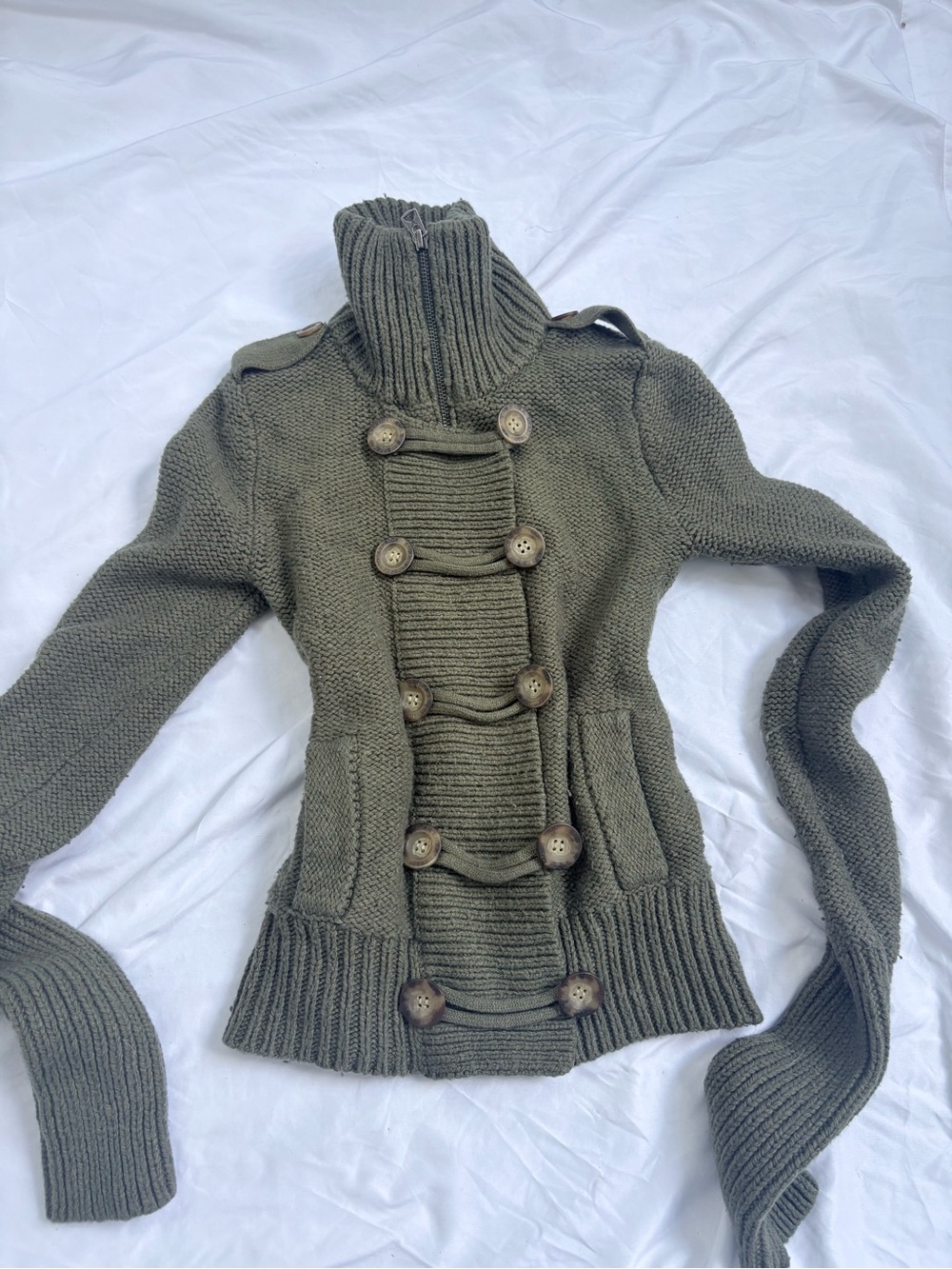 American Eagle Outfitters Olive Military-Inspired Double-Breasted Knit Cardigan